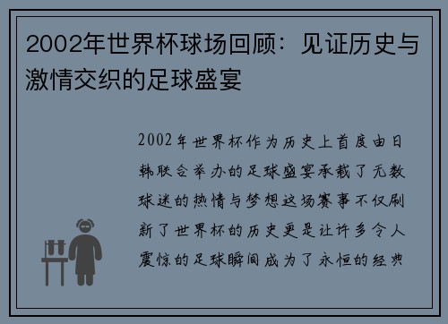 2002年世界杯球场回顾：见证历史与激情交织的足球盛宴