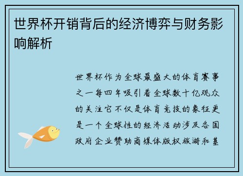 世界杯开销背后的经济博弈与财务影响解析